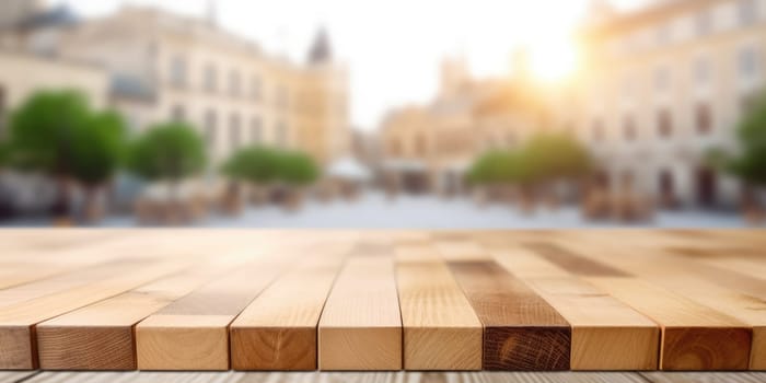 The empty wooden table top with blur background of town square. Exuberant image.