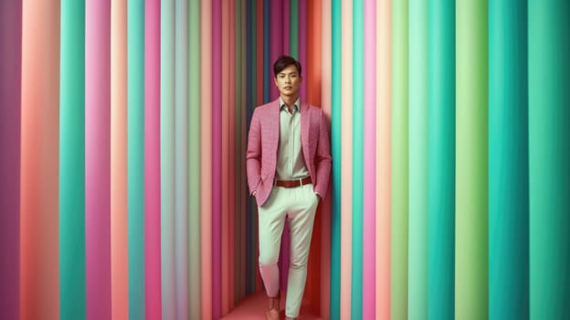 Young male model posing with trendy man fashion outfit and colorful pastel mood optical art abstract background. Picturesque generative AI