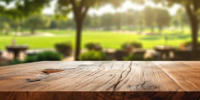 The empty wooden brown table top with blur background of country club. Exuberant image.