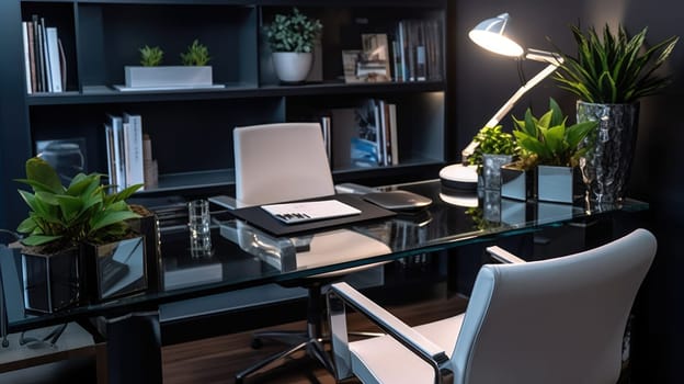 Inspiring office interior design Modern style Home office featuring Statement desk architecture. Generative AI AIG 31.