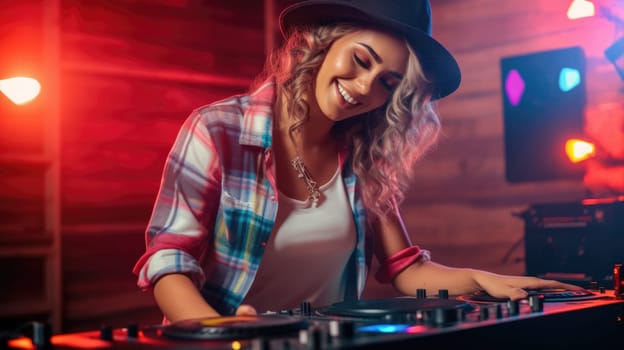 A happy DJ woman wearing a plaid shirt and hat is having fun playing music at a club party. Generative AI AIG30.