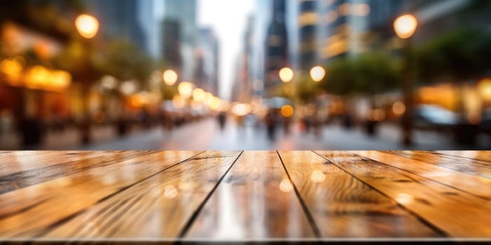 The empty wooden table top with blur background of street in downtown business district with people walking. Exuberant image.