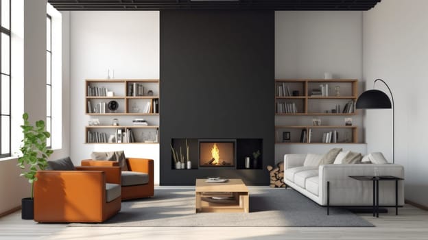 Living room decor, home interior design . Modern Minimalist style with Fireplace decorated with Leather and Wood material . Generative AI AIG26.