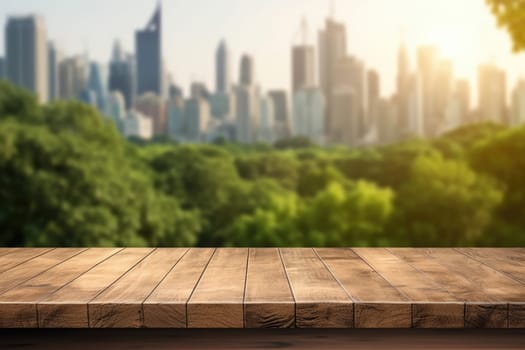 The empty wooden table top with blur background of city park skyline. Exuberant image.