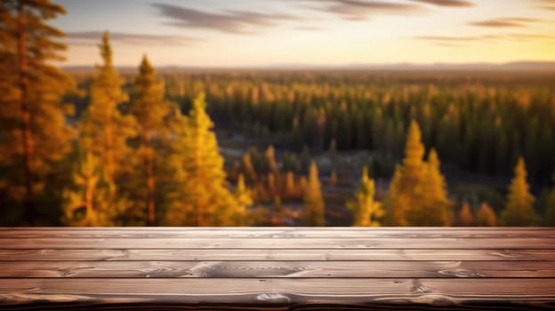 The empty wooden brown table top with blur background of Finland nature. Exuberant image.
