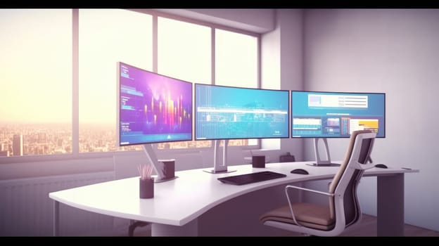 The side view from a computer desk with multiple screens displaying financial reports and graphs and pie in white modern corporate office. beautiful Generative AI AIG32