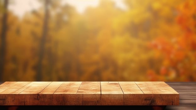The empty rustic wooden table for product display with blur background of autumn forest. Generative AI image AIG30.