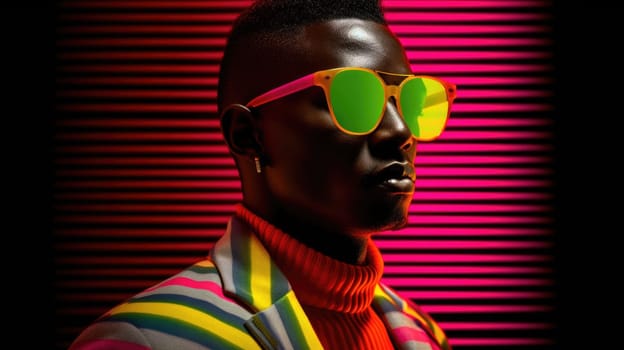 Young male model posing with trendy man fashion outfit and colorful vibrant glowing green and pink optical art abstract background. Picturesque generative AI