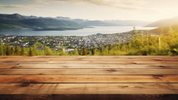 The empty wooden brown table top with blur background of Norway in summer. Exuberant image.