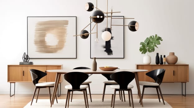 Interior design inspiration of Mid-Century Modern Scandinavian style home dining room loveliness decorated with Wood and Leather material and Sputnik Chandelier .Generative AI home interior design .