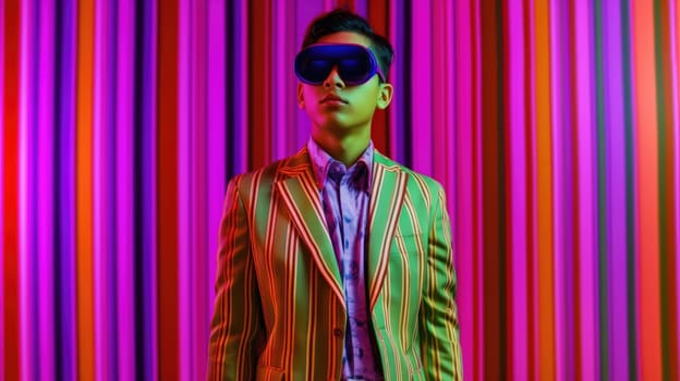 Young male model wearing VR posing with trendy man fashion outfit and colorful red optical art abstract background. Picturesque generative AI