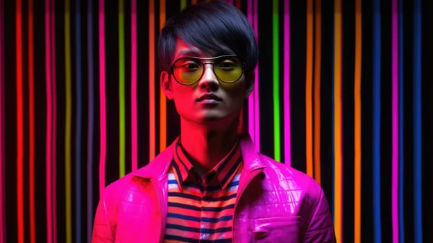 Young male model posing with trendy man fashion outfit and colorful vibrant glowing green and pink optical art abstract background. Picturesque generative AI