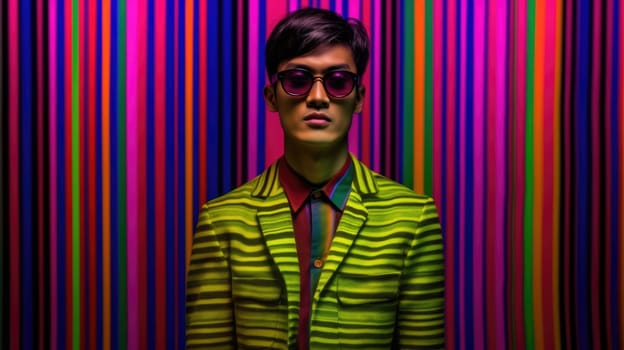 Young male model posing with trendy man fashion outfit and colorful optical art abstract background. Picturesque generative AI