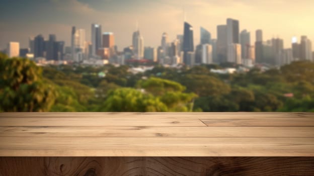 The empty wooden table top with blur background of nature skyline. Exuberant image.