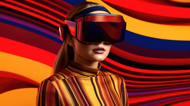 Young female model wearing VR posing with trendy fashion outfit and colorful red optical art abstract background. Picturesque generative AI