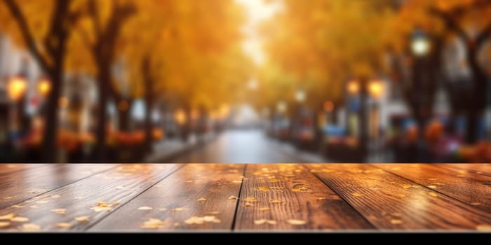 The empty wooden table top with blur background of European street in autumn. Generative AI image AIG30.