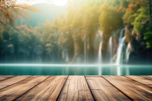 The empty wooden table top with blur background of Plitvice lakes. Generative AI image AIG30.