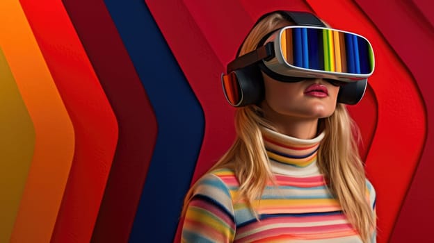 Young female model wearing VR posing with trendy fashion outfit and colorful red optical art abstract background. Picturesque generative AI