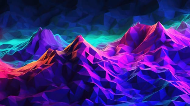 Cyberpunk mountain landscape abstract background for desktop wallpaper with retro-wave design city in geometric shape. Picturesque generative AI