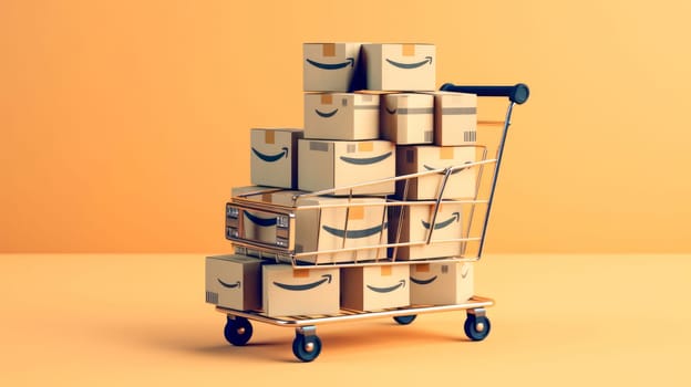 Shopping trolley full of Amazon prime boxes on yellow background. Black Friday sale. Online shopping. Generative ai