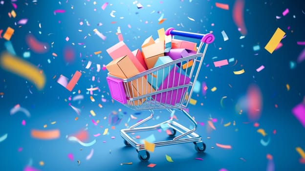 Shopping cart full of colorful gift boxes on blue background with confetti. Black Friday sale. Online shopping. Generative ai