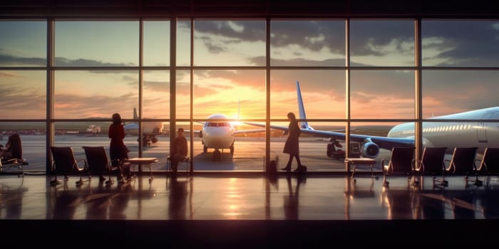 Airport interior with window sunset and airplane in background. Picturesque generative AI