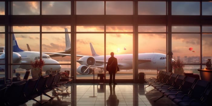 Airport interior with window sunset and airplane in background. Picturesque generative AI