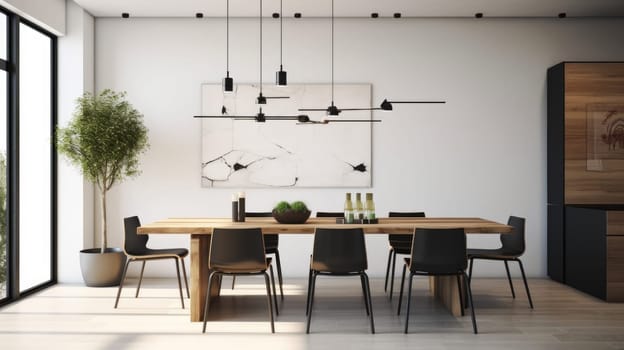 Interior design inspiration of Contemporary Minimalist style home dining room loveliness decorated with Wood and Metal material and Geometric Pendant Light .Generative AI home interior design .