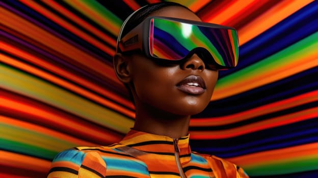 Young african female model wearing VR posing with trendy fashion outfit and colorful optical art abstract background. Picturesque generative AI