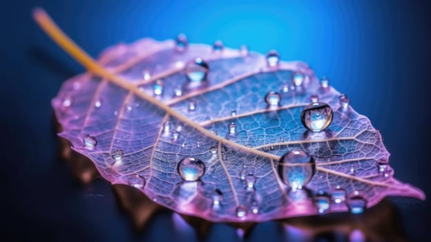 The close-up of transparent skeleton leaf with water drops on beautiful texture in a blue and pink background. Generative AI image AIG30.