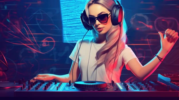 dj woman having fun playing music at club party. Generative AI image AIG30.