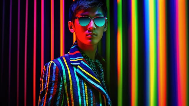 Young male model posing with trendy man fashion outfit and colorful green optical art abstract background. Picturesque generative AI