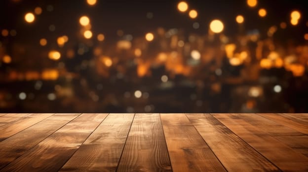 The empty wooden table top with blur background of restaurant at night. Exuberant image.