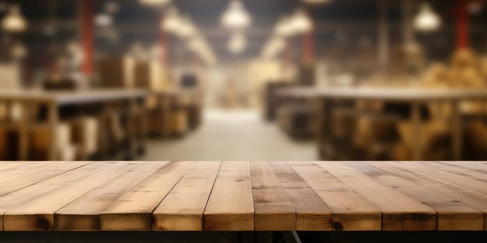 The empty wooden table top with blur background of a large warehouse. Exuberant image.