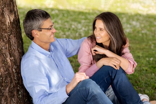 Romantic Mature Couple Relaxing Outdoors In Summer Park, Loving Middle Aged Spouses Looking At Each Other And Smiling, Happy Man And Woman Enjoying Spending Time Together, Closeup Shot