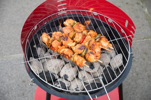 summer picnic with barbecue marinated chicken skewers with grilled vegetables on the terrace, colorful food. High quality photo