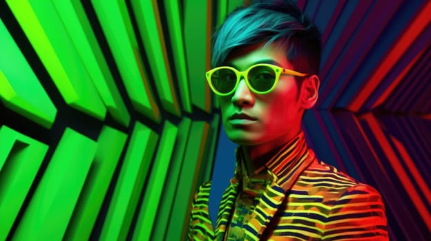 Young male model posing with trendy man fashion outfit and colorful green optical art abstract background. Picturesque generative AI