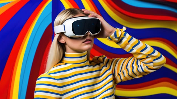 Young female model wearing VR posing with trendy fashion outfit and colorful red optical art abstract background. Picturesque generative AI