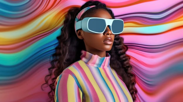 Young african female model wearing VR posing with trendy fashion outfit and colorful optical art abstract background. Picturesque generative AI