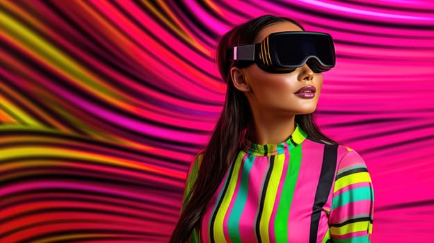 Young female model wearing VR posing with trendy fashion outfit and colorful optical art abstract background. Picturesque generative AI