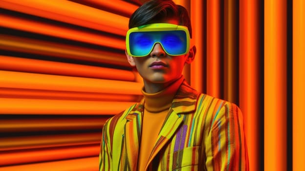 Young male model wearing VR posing with trendy fashion outfit and colorful orange optical art abstract background. Picturesque generative AI