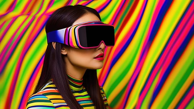 Young female model wearing VR posing with trendy fashion outfit and colorful optical art abstract background. Picturesque generative AI