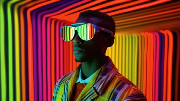 Young male model posing with trendy man fashion outfit and colorful optical art abstract background. Picturesque generative AI