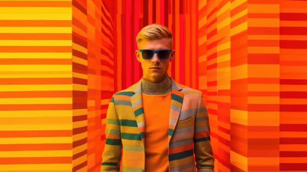 Young male model posing with trendy man fashion outfit and colorful orange optical art abstract background. Picturesque generative AI