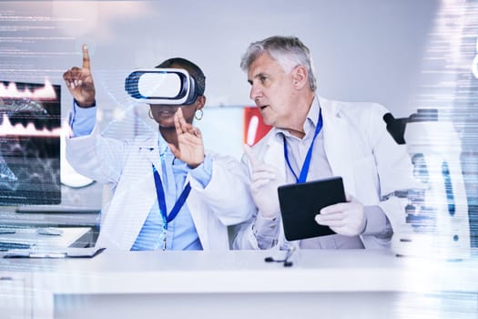 Future, data and scientist team with virtual reality, overlay and digital abstract with tablet, medical research and technology. Science info, test results and VR experience, people in lab and DNA.