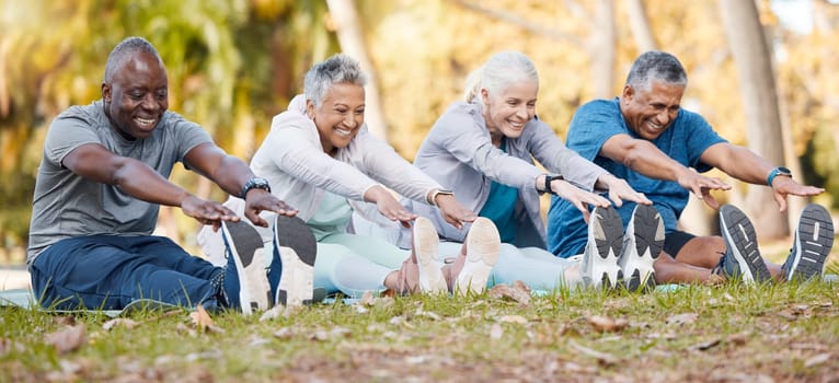 Fitness, stretching and senior people in park for healthy body, wellness and active workout outdoors. Retirement, sports and men and women stretch legs on grass for exercise, training and warm up.