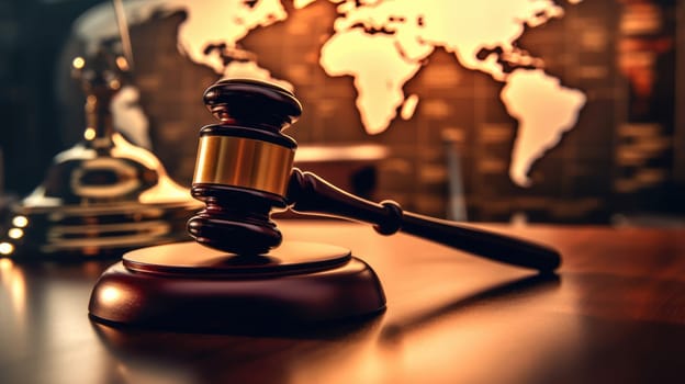 gavel of law on table top, with world map in blur background. beautiful Generative AI AIG32