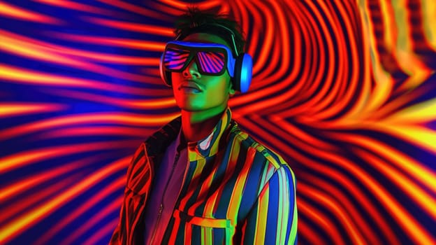 Young male model wearing VR posing with trendy man fashion outfit and colorful red optical art abstract background. Picturesque generative AI