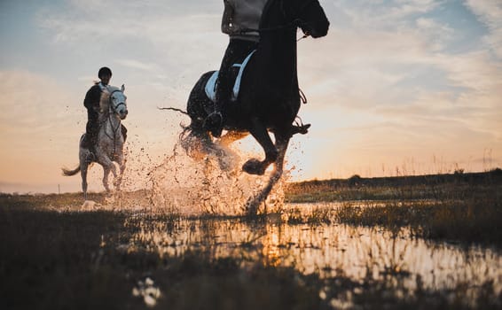 Horse riding, friends and women in countryside at sunset with outdoor mockup space. Equestrian, happy girls and animals in water, nature and adventure to travel, journey and summer vacation together
