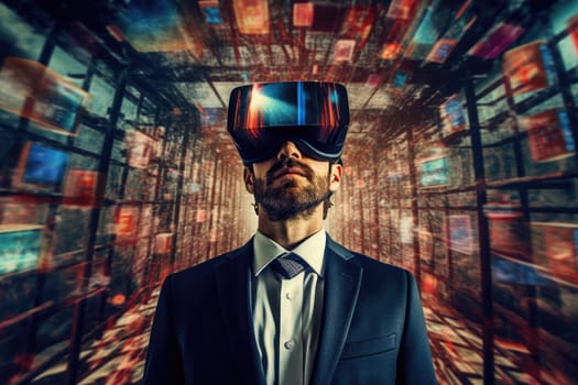 Businessman wearing virtual reality with digital big data transfer from brain to buzzy software showing futuristic technology generative AI image